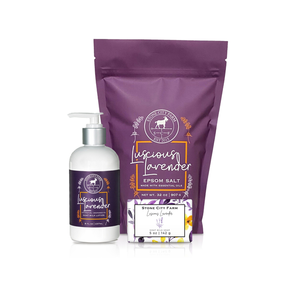 Luscious Lavender Epsom bath salts, goat milk soap bar and goat milk lotion