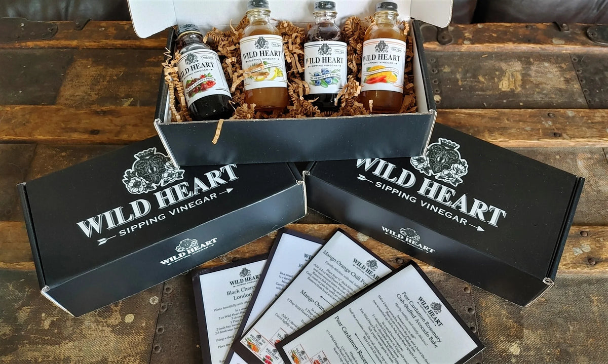 Wild Heart Sipping Vinegar Gift Set, four 2 oz bottles in a gift box with recipe cards
