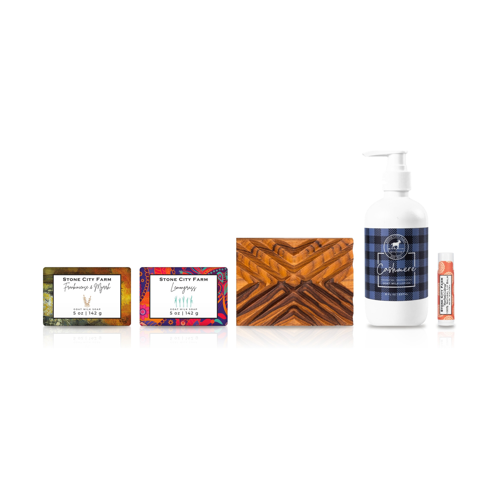 Frankincense & Myrrh and Lemongrass goat milk soaps, Crisscross teak soap dish, Cashmere lotion and Herbal Citrus lip balm