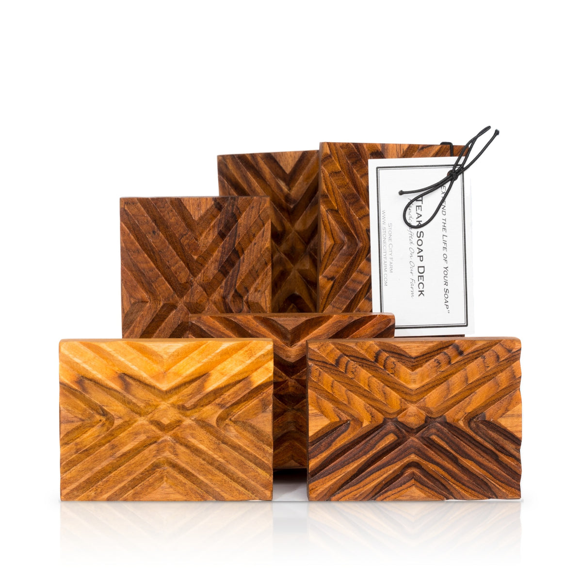 Crisscross Teak Soap Dish, handcrafted teak with crisscross grooves, shown stacked with a Stone City Farm tag