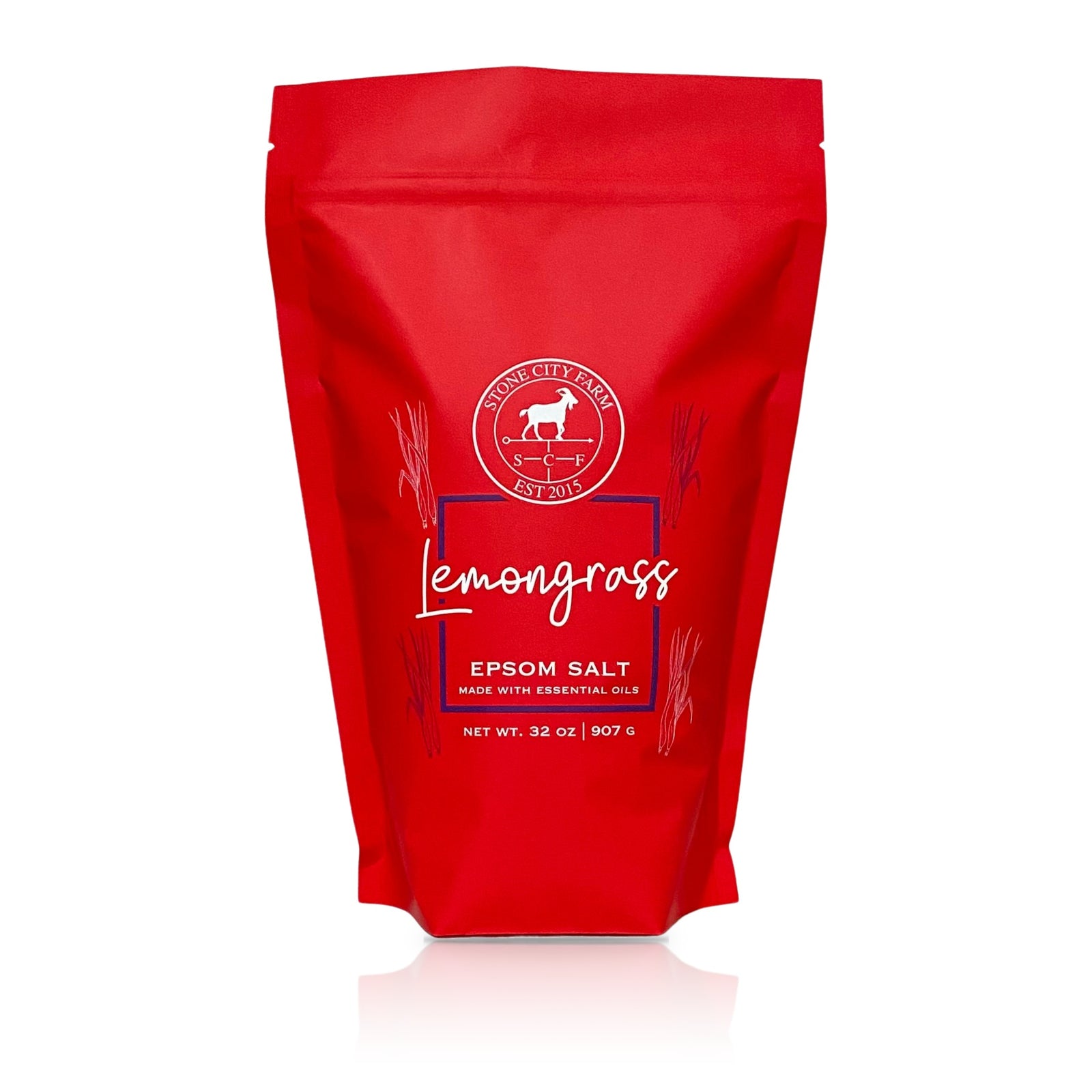 Lemongrass Epsom bath salts in a 2 lb red pouch