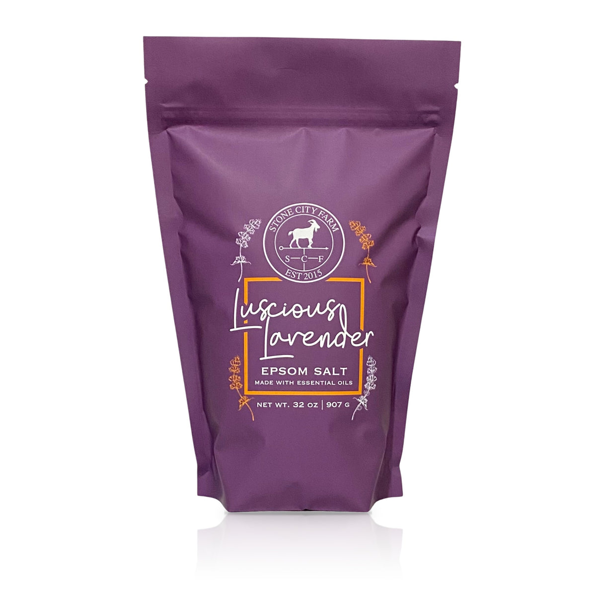 Luscious Lavender Epsom bath salts in a 2 lb purple pouch