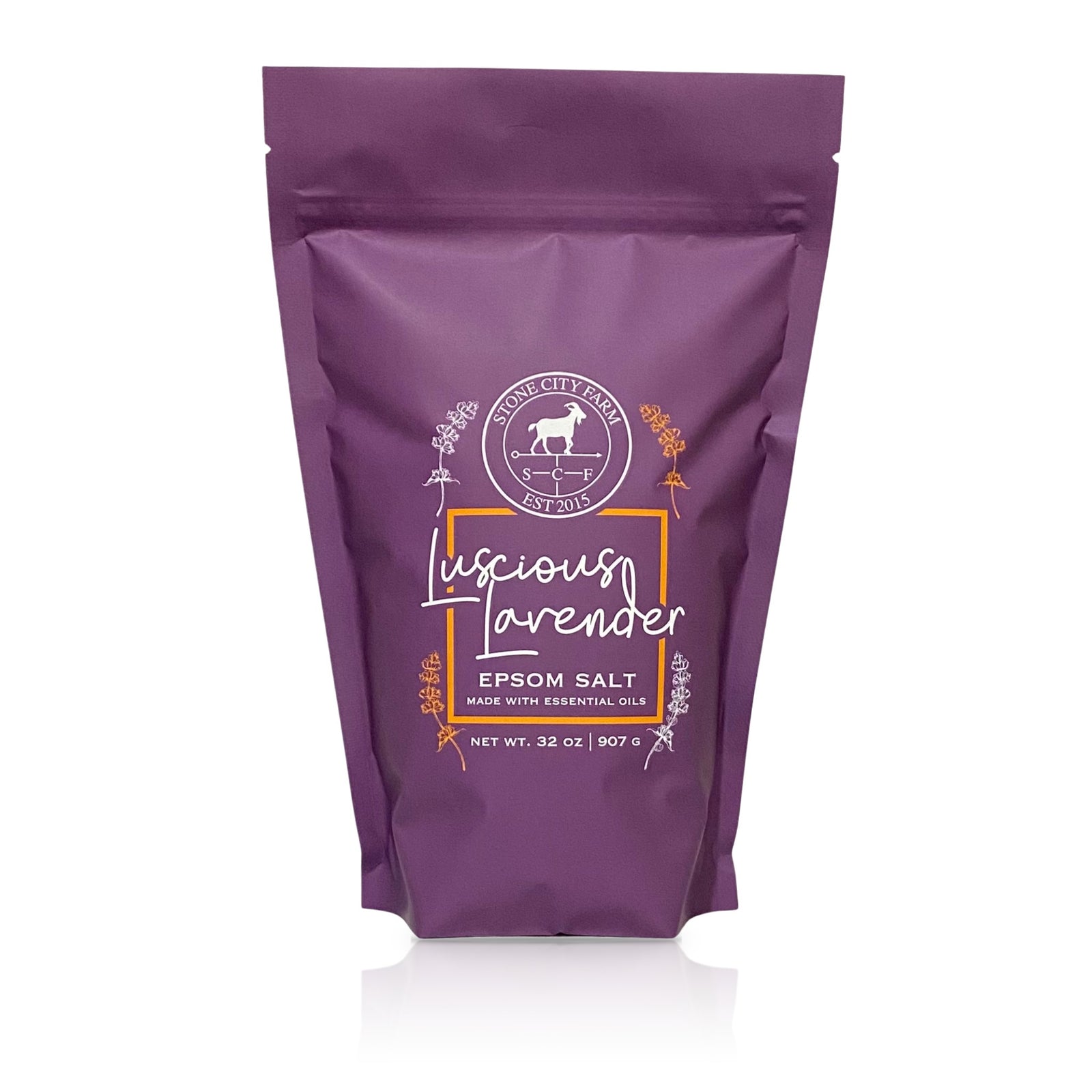 Luscious Lavender Epsom bath salts in a 2 lb purple pouch
