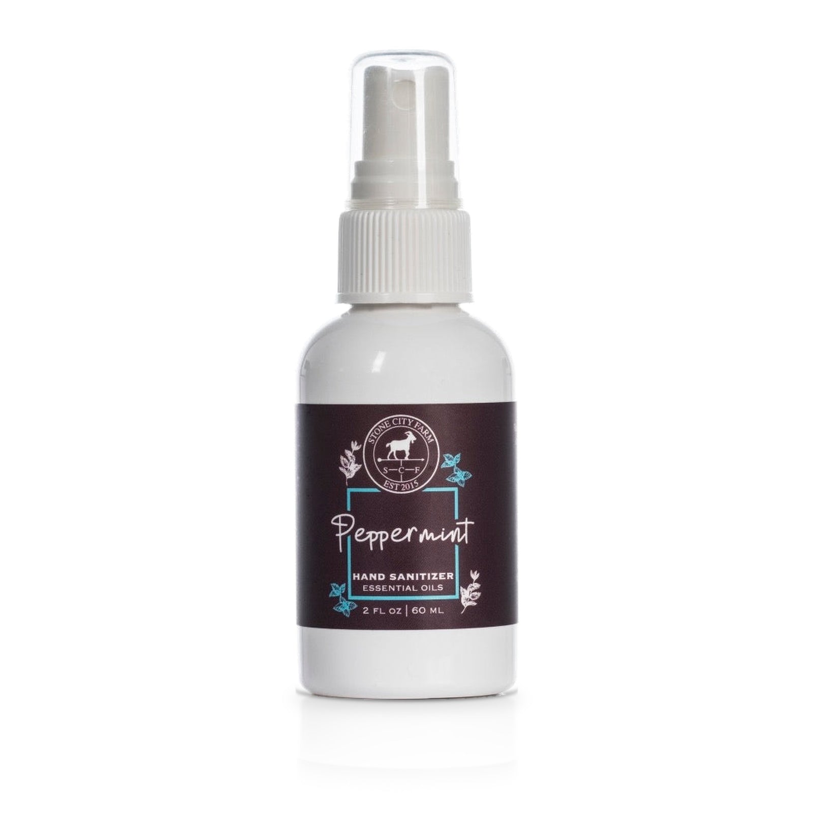 Peppermint hand sanitizing spray, 2 fl oz white spray bottle