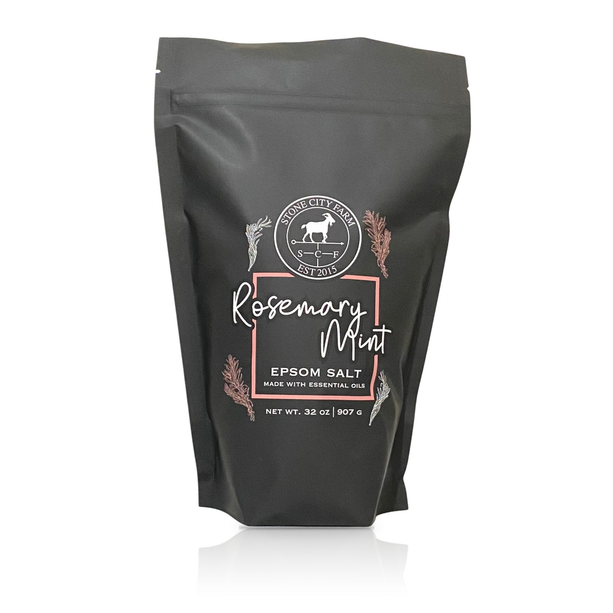 Rosemary Mint Epsom bath salts in a 2 lb charcoal pouch