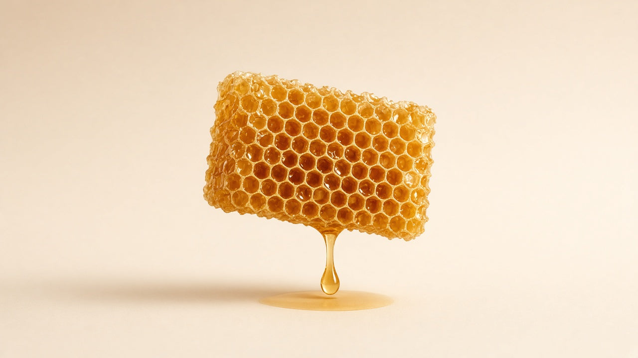 Piece of honeycomb dripping golden honey on a cream background