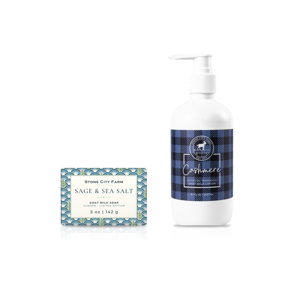 Sage & Sea Salt goat milk soap bar beside a Cashmere goat milk lotion
