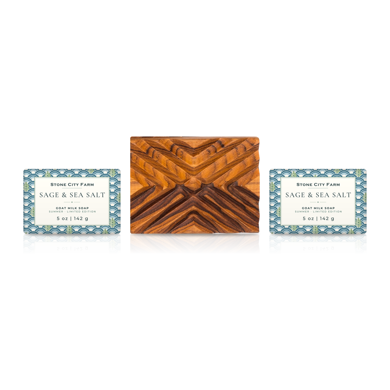 Soap & Teak Dish Set: two goat milk soap bars with a Crisscross teak soap dish