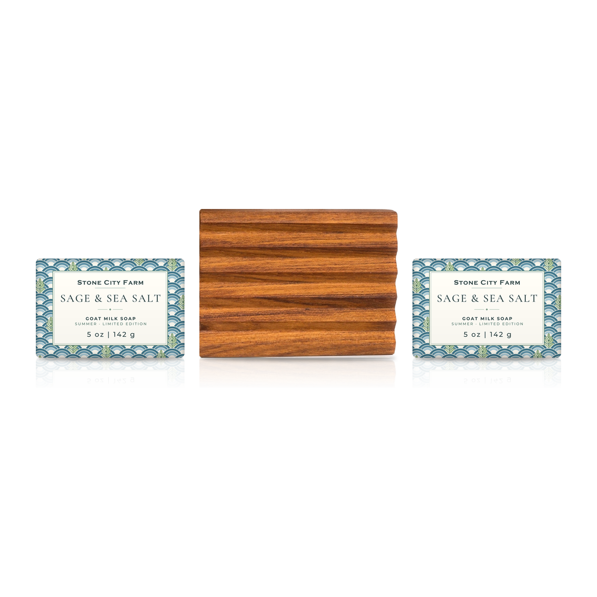 Soap & Teak Dish Set: two goat milk soap bars with a Straight teak soap dish
